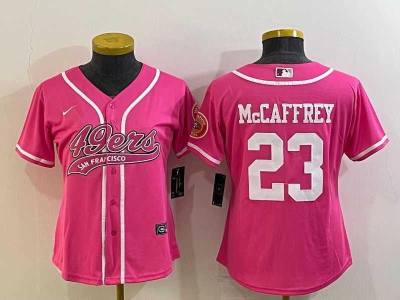 Womens San Francisco 49ers #23 Christian McCaffrey Pink With Patch Cool Base Stitched Baseball Jersey